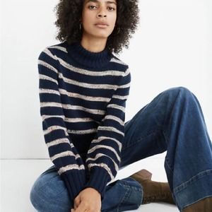 Madewell Metcalf Mock neck Striped Puff Balloon Sleeve Wool Sweater S